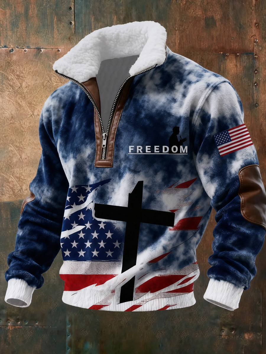 Men's American Flag Freedom Print Jacquard Fabric Zipper Fur Collar Long Sleeve Sweatshirt